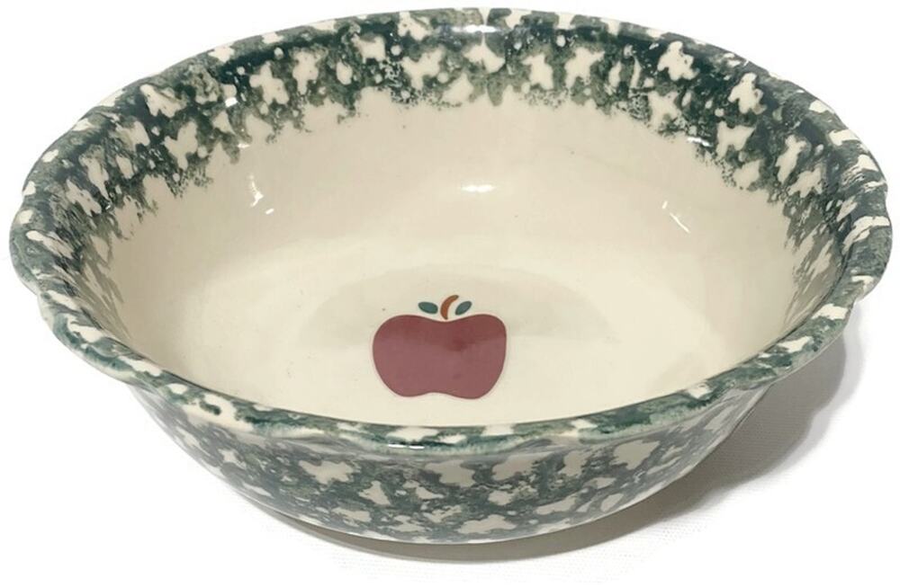 Country Apple Stoneware Serving Bowl Green Spongeware Red Apple 9" Vintage